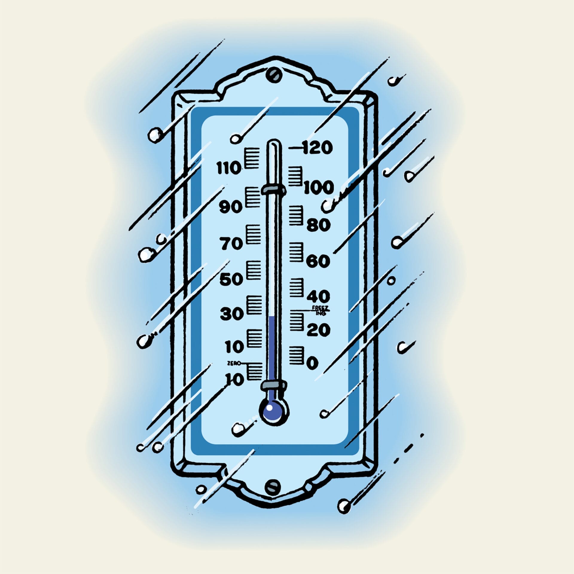 An illustration of a thermometer freezing in the winter.