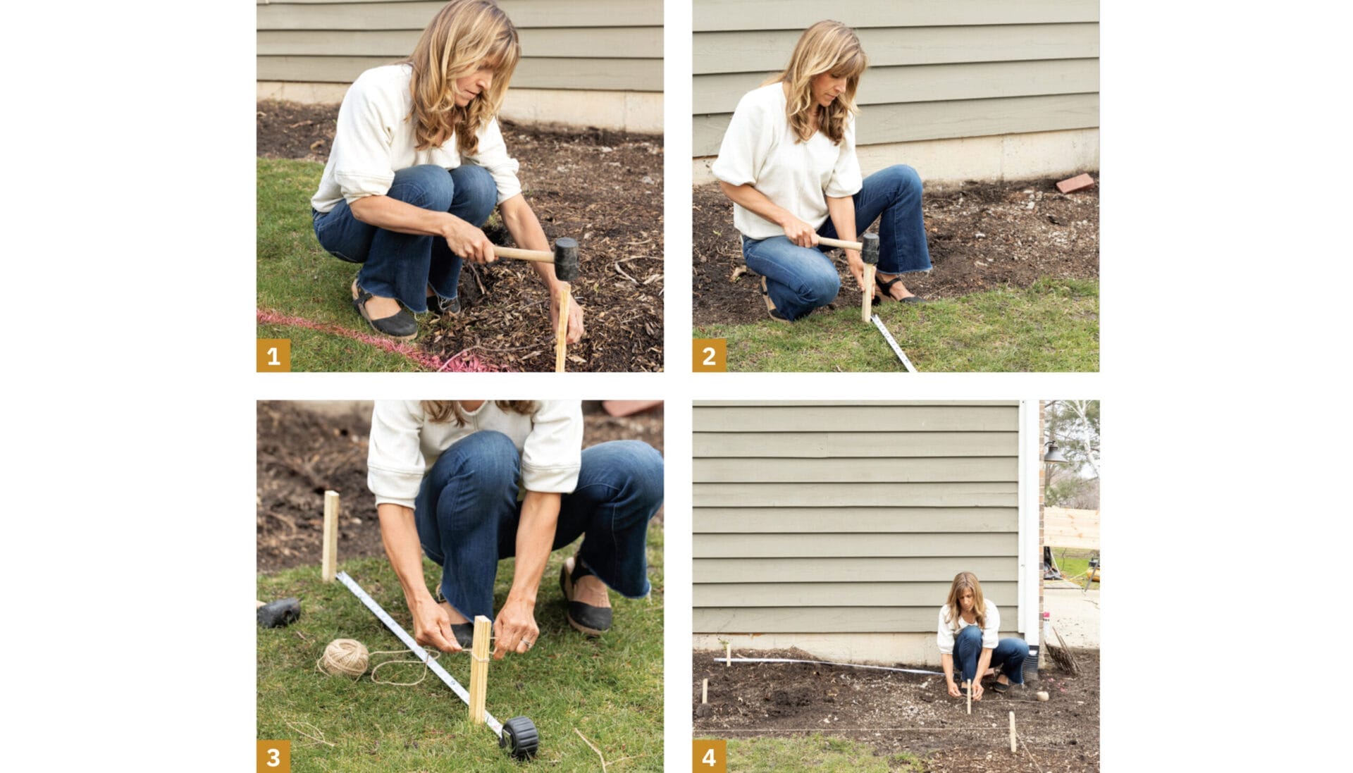 images of a woman measuring and staking out a kitchen garden in a backyard