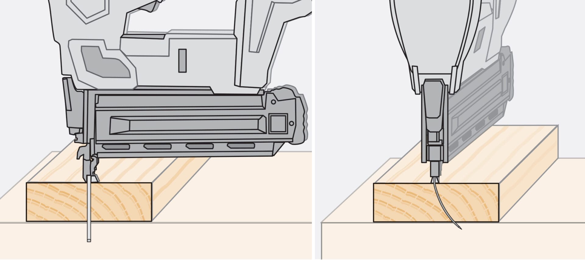 Diagram of a nail going into wood when using a cordless finish nailer