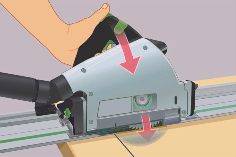 An illustration of how to make a plunge cut with a track saw
