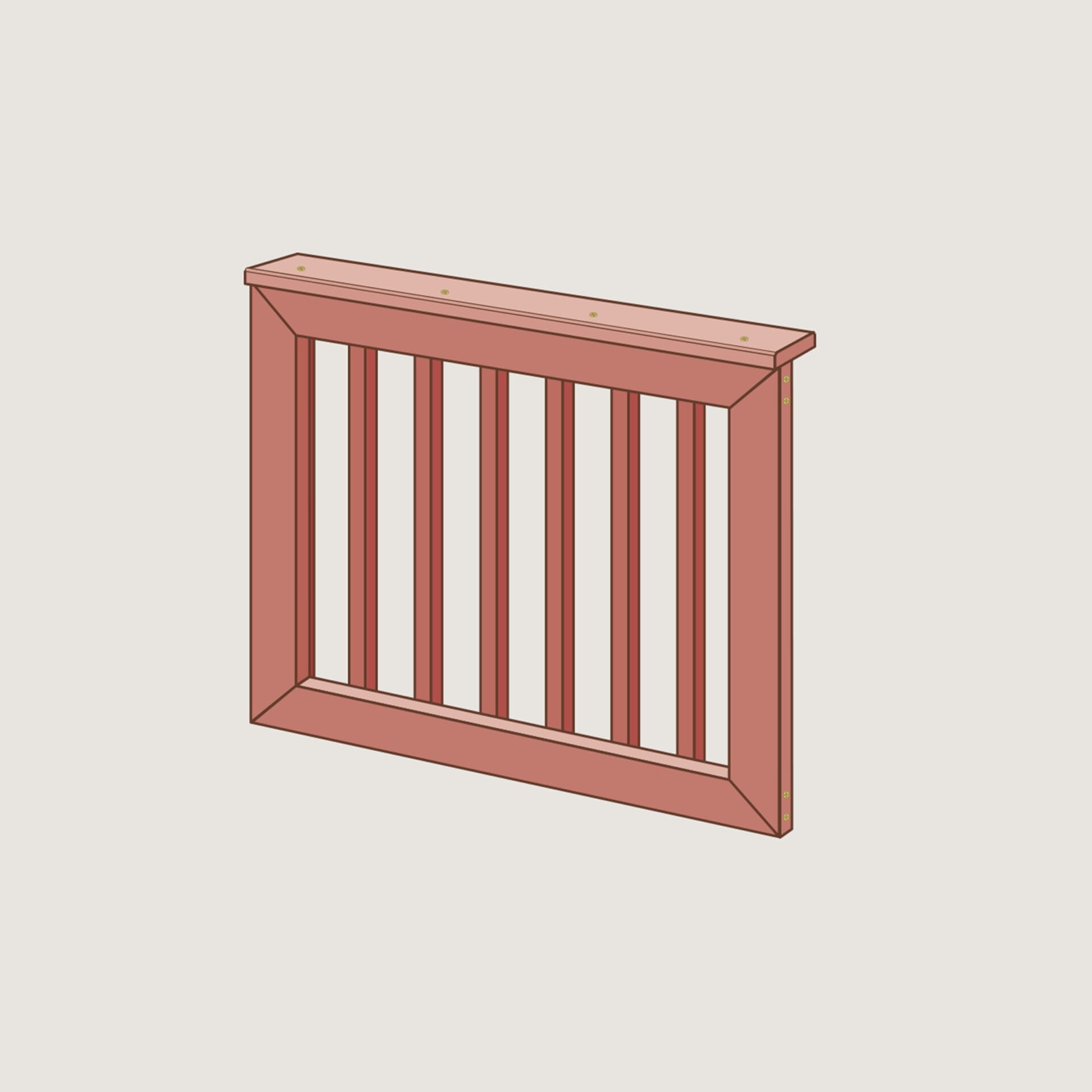 A deck gate with a cap board and balusters.