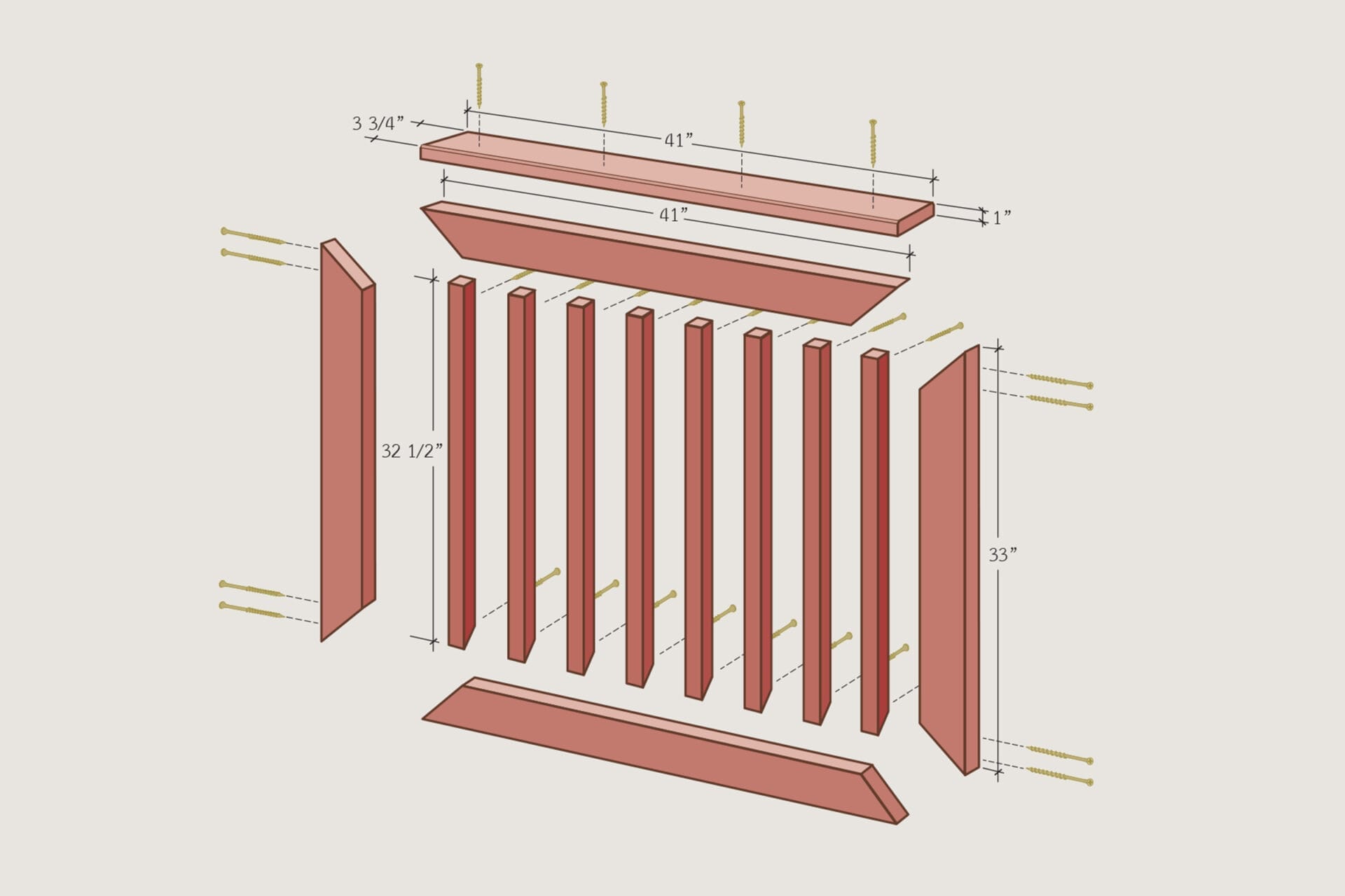 Illustration of each of the pieces needed for a deck gate and all their measurements.