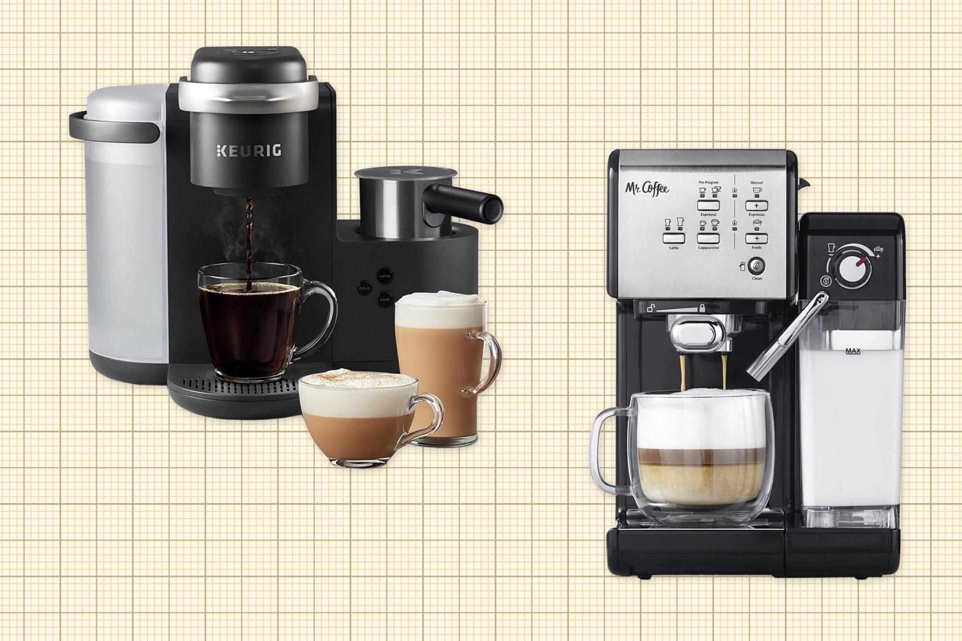 Keurig K-Cafe Latte Maker and Mr. Coffee Espresso Maker isolated on a yellow graph paper background; lead image for the best latte machine guide.