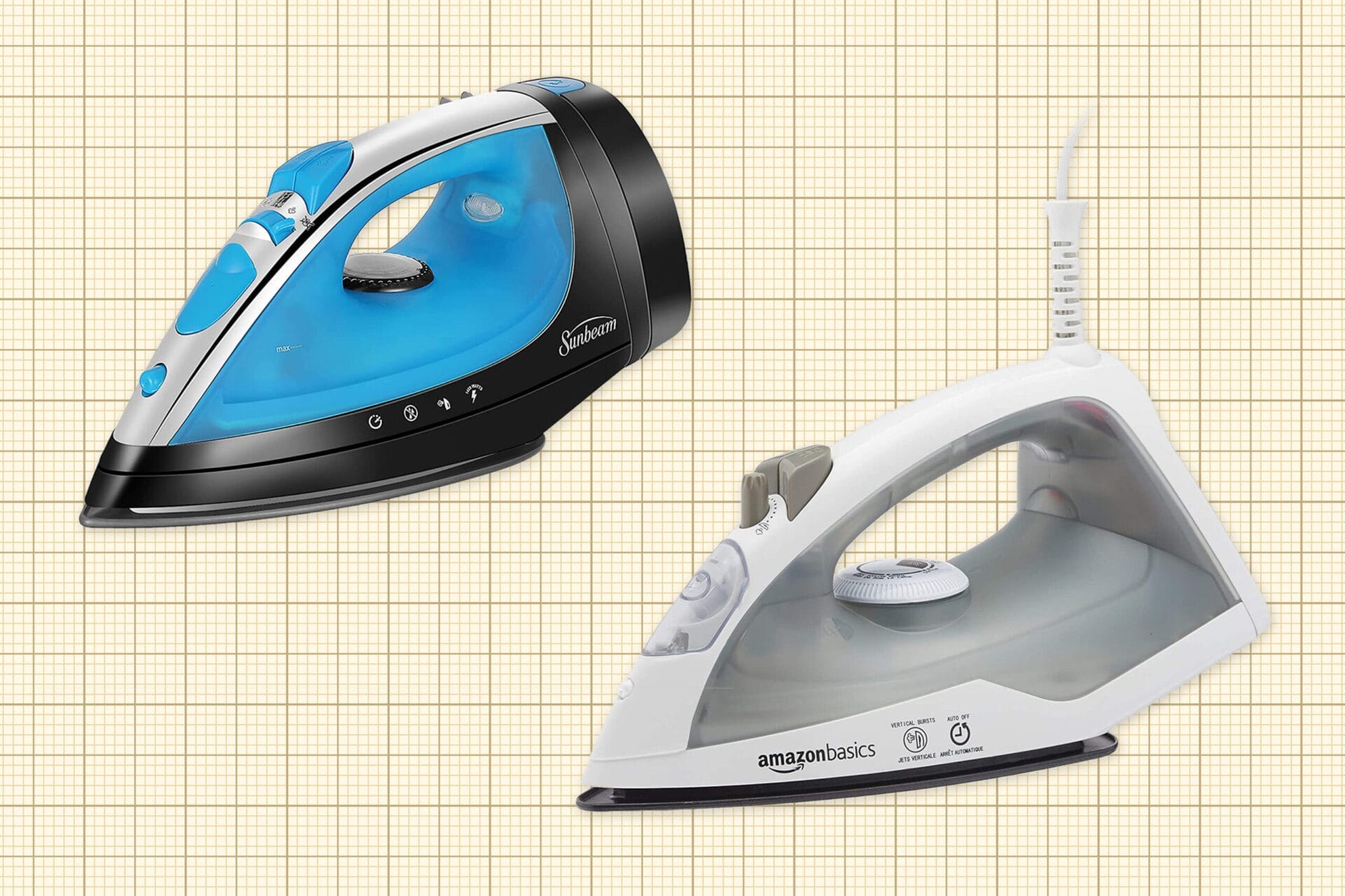 Sunbeam Steammaster Steam Iron and Amazon Basics Teflon Soleplate Steam Iron isolated on a yellow grid paper background. Lead image for Best Irons review and guide.