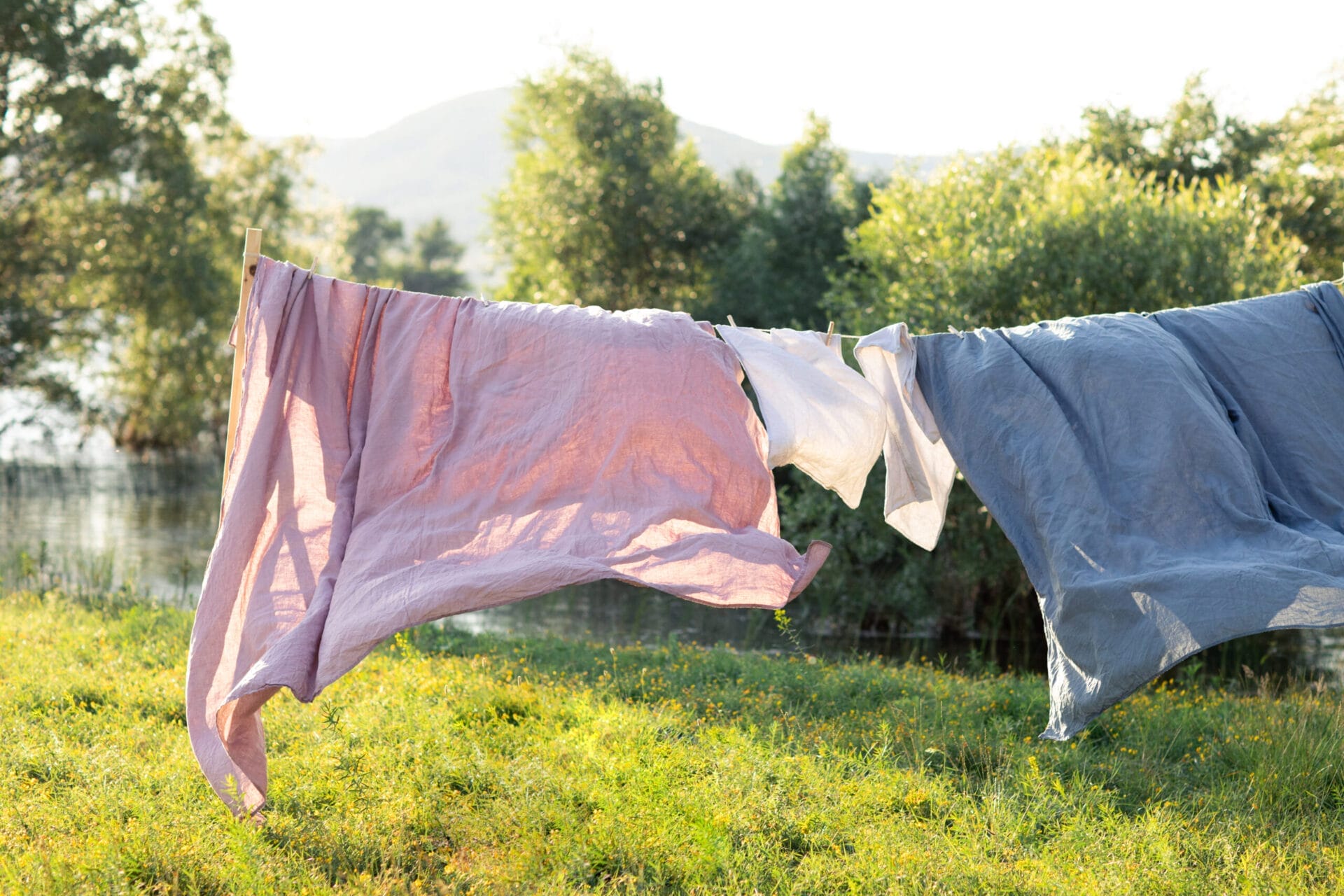 Laundry hanging outside on a line to dry.