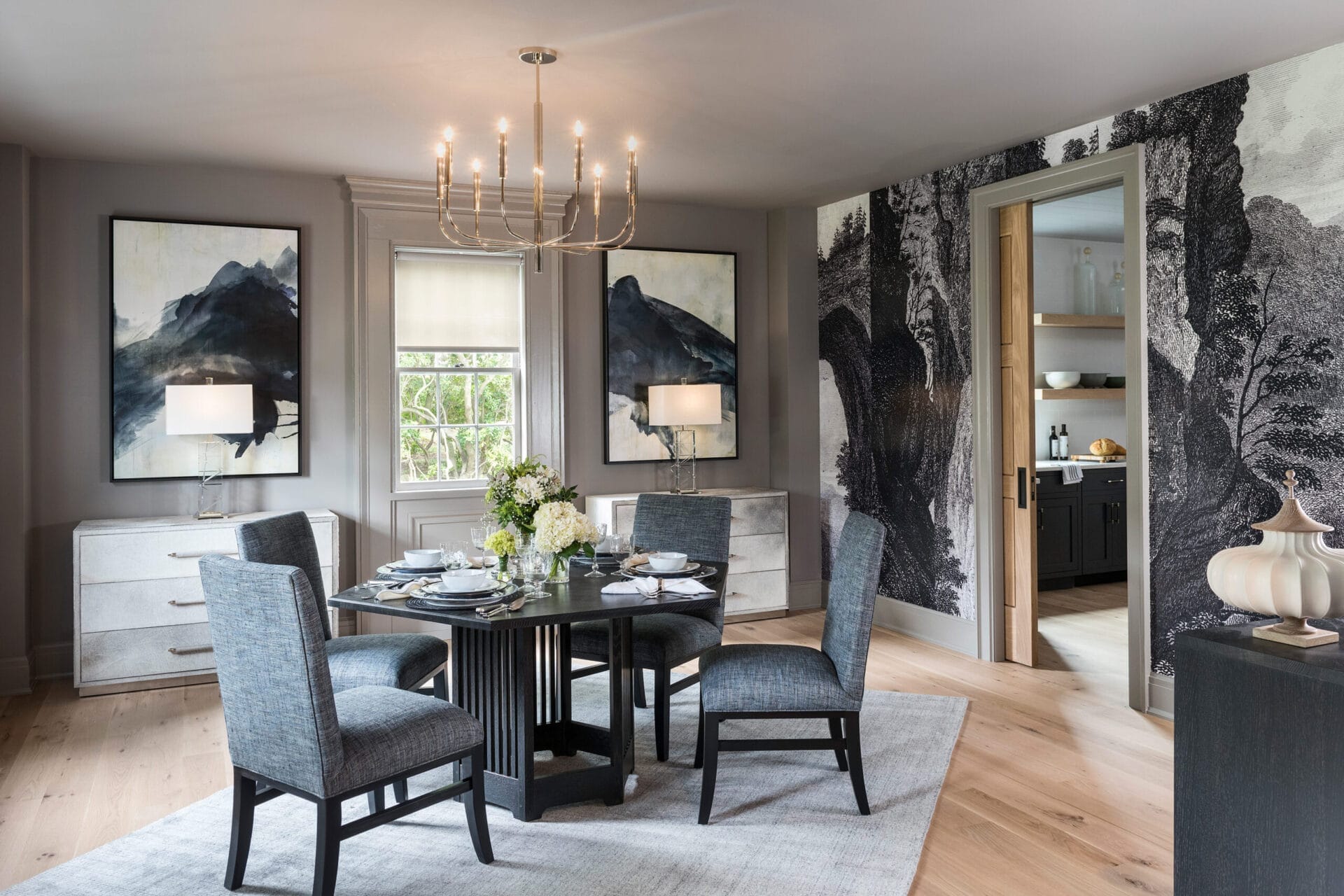 Dining room with a traditional chandelier