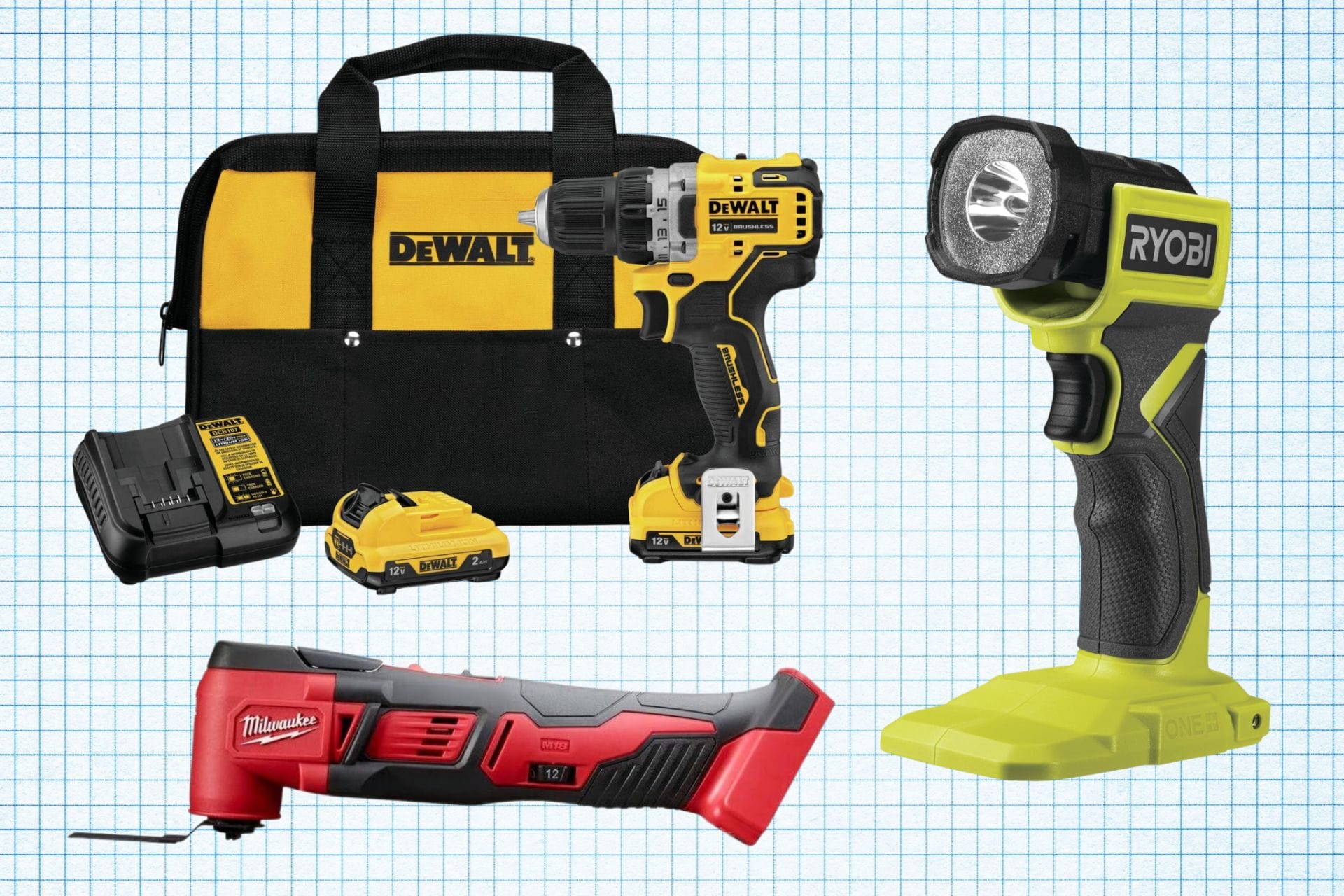 DEWALT XTREME 12V Cordless Drill / Driver Kit, Milwaukee Cordless Orbiting Multi-Tool, and RYOBI Cordless LED Flashlight isolated on a grid paper background