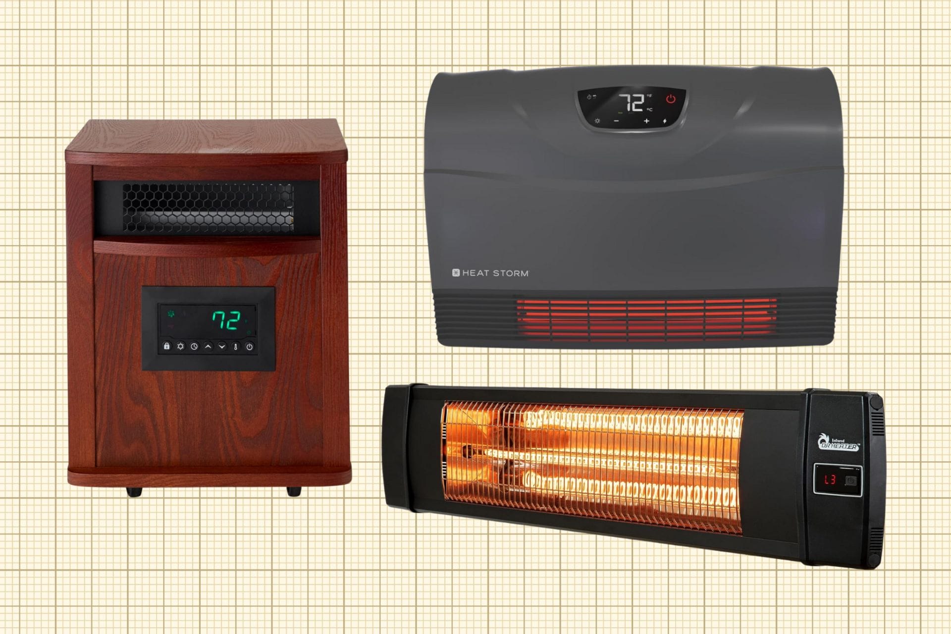 LifeSmart LifePro Indoor Space Heater, Dr Infrared Carbon Infrared Outdoor Heater, and Heat Storm Electric Space Heater isolated on a grid paper background