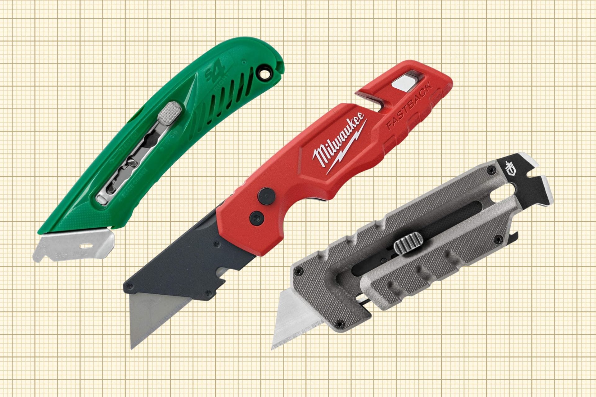 Milwaukee 48-22-1502 Fastback Folding Utility Knife, Pacific Handy Cutter S4R Safety Cutter, and Gerber Gear Prybrid Utility Knife isolated on a grid paper background