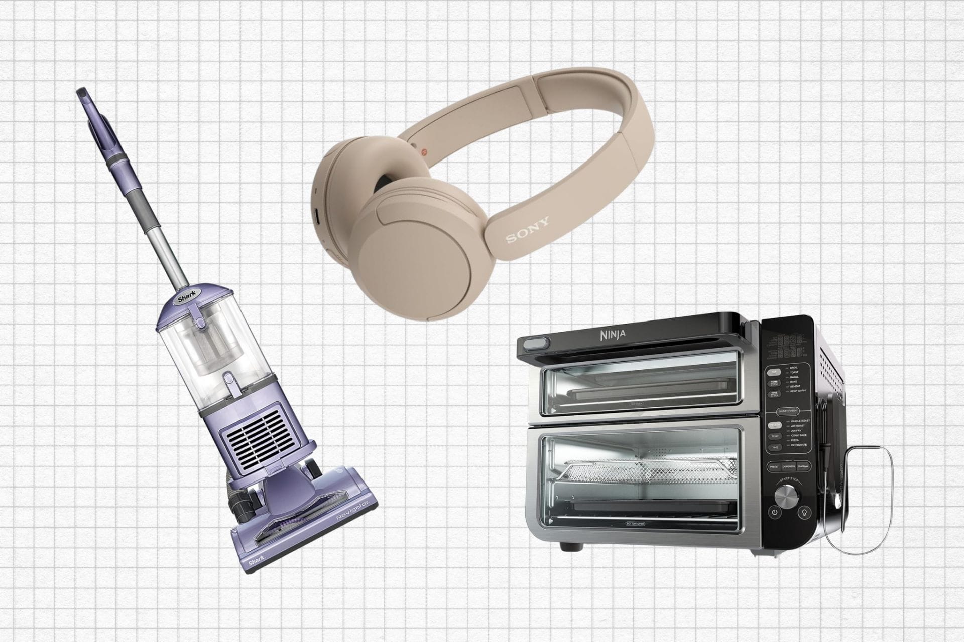 Ninja Smart Double Oven with FlexDoor, Shark Navigator Lift Away Upright Vacuum, and Sony WH-CH520 Wireless Headphones isolated on a grid paper background