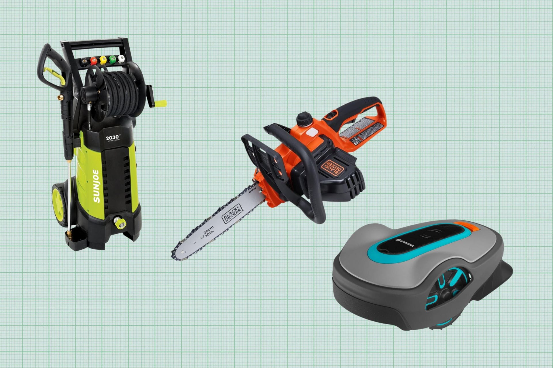 Sun Joe SPX3001 Electric Pressure Washer, BLACK+DECKER 20V MAX Cordless Chainsaw Kit, and Sun Joe SPX3001 Electric Pressure Washer isolated on a grid paper background
