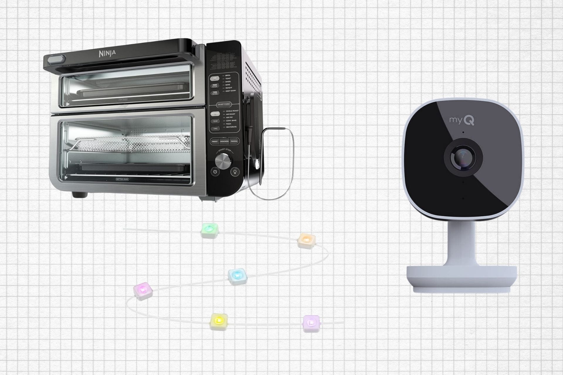 Ninja 12-in-1 Smart Double Oven with FlexDoor, Govee Permanent Outdoor Lights, and myQ Smart Garage Security Camera isolated on a grid paper background