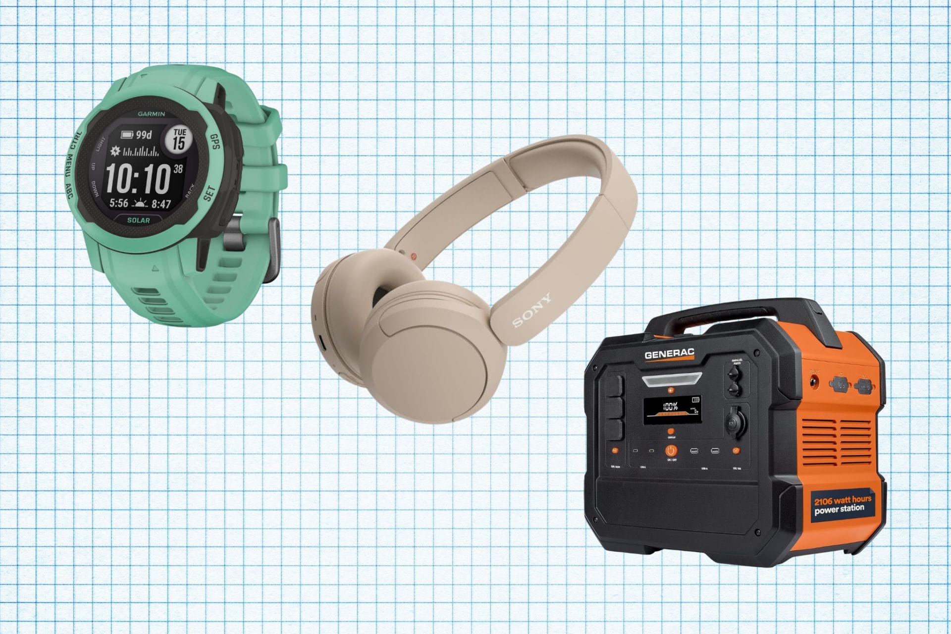 Garmin Instinct 2S GPS Outdoor Watch, Sony WH-CH520 Wireless Headphones, and Generac 8026 Portable Power Station isolated on a grid paper background