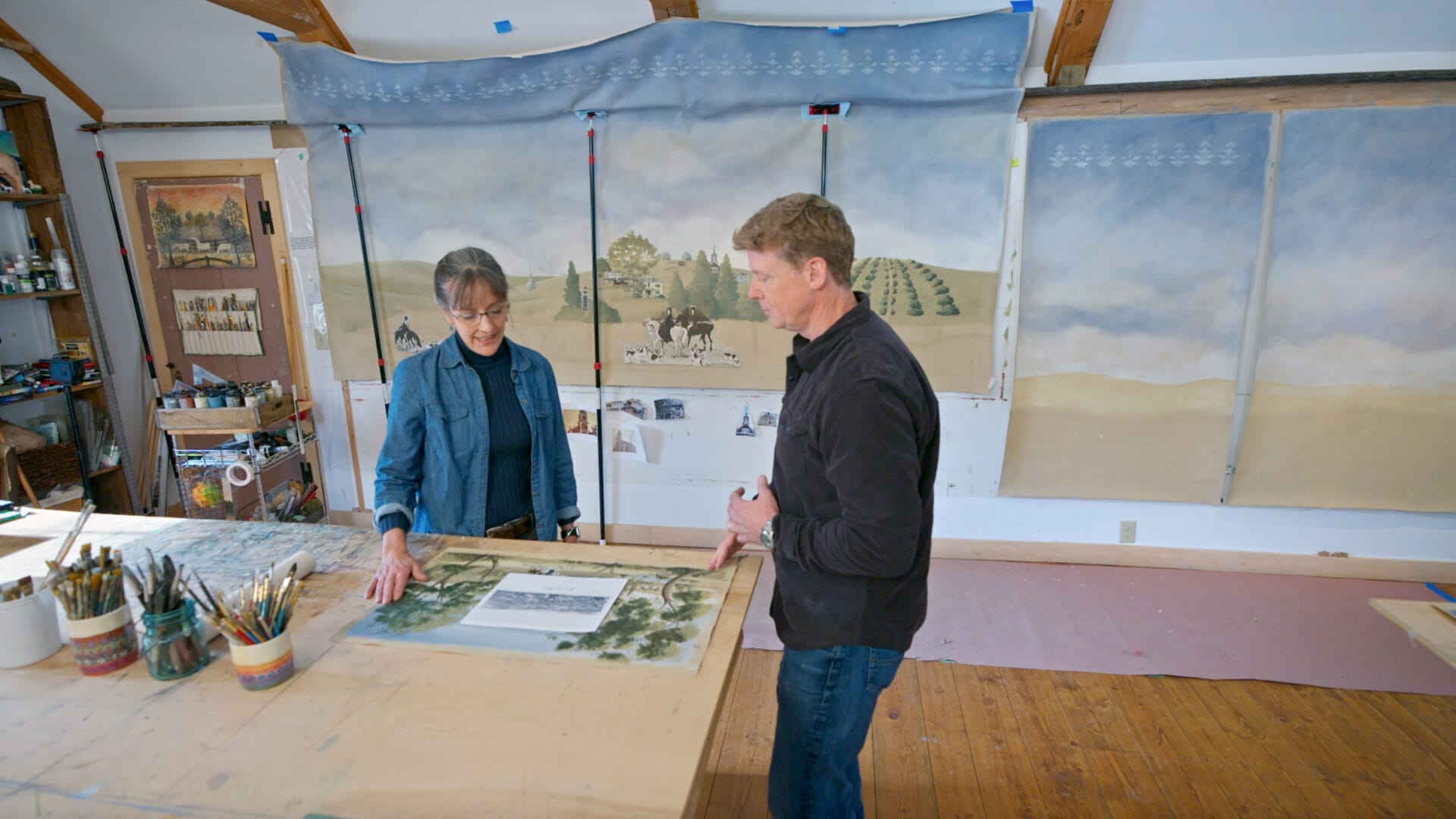 S46 E25: Kevin O'Connor looks at sketches for the dining room mural